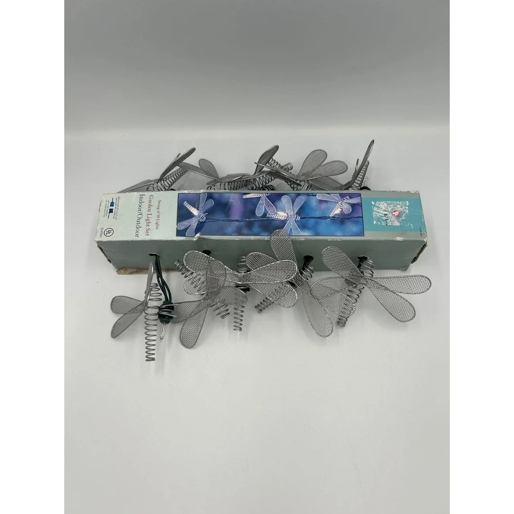 Vintage Dragonfly Garden Light Set 10 String Lights Silver Mesh Metal Indoor Out